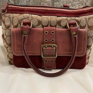 Coach VSG satchel with burgundy leather trim.